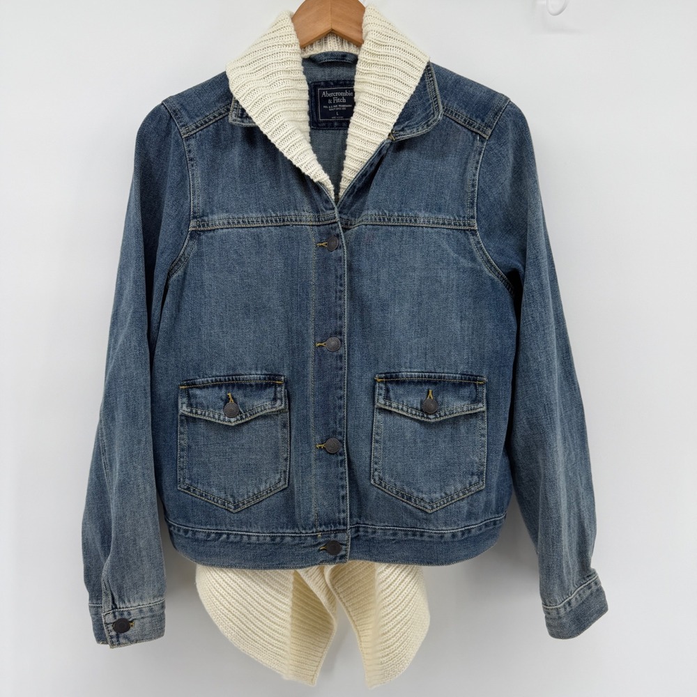 Abercrombie & Fitch Denim Jacket Knit Sweater Trim Medium Wash Blue Womens L